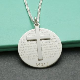 Sterling Silver Cross With Personalized The Lord's Prayer Disc & Optional Engraving