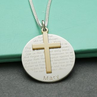 9ct Yellow Gold Cross With Sterling Silver Personalised The Lord's Prayer Disc & Optional Engraving