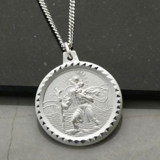 Sterling Silver Double Diamond Cut 24mm St Christopher Pendant With Optional Engraving and Chain