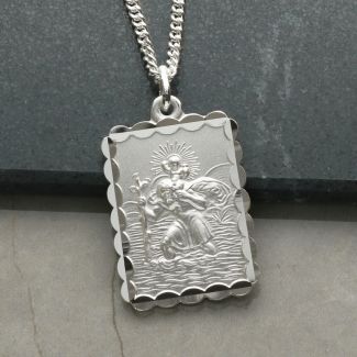 Sterling Silver Fancy Diamond Cut Rectangle St Christopher Pendant With Optional Engraving and Chain