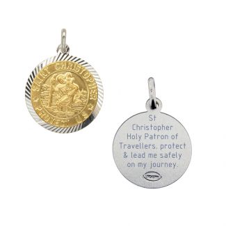 Sterling Silver and Gold Plated 15mm Diamond Cut St Christopher Pendant With Travellers Prayer