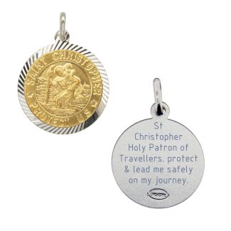 Sterling Silver and Gold Plated 18mm Diamond Cut St Christopher Pendant With Travellers Prayer 