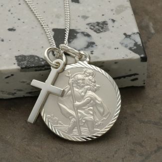 Sterling Silver Diamond Cut 20mm St Christopher & Cross Pendants With Optional Engraving and Chain