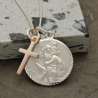 Sterling Silver Diamond Cut 20mm St Christopher Pendant With Rose Cross, Optional Engraving and Chain
