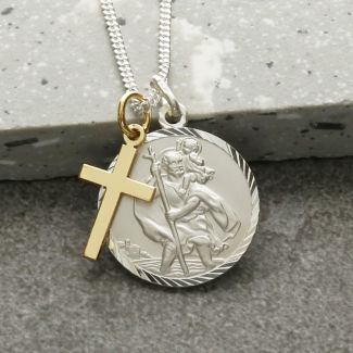 Sterling Silver Diamond Cut 20mm St Christopher & 9ct Yellow Gold Cross Pendant With Optional Engraving and Chain