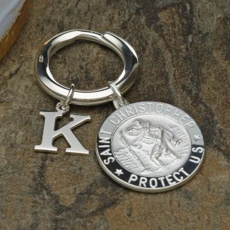 Sterling Silver 24mm 3D St Christopher Keyring With Any Initial & Optional Engraving