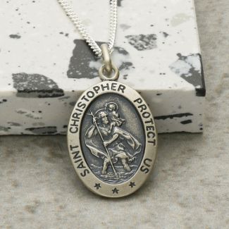 Antique Finish Sterling Silver Satin Oval St Christopher Pendant