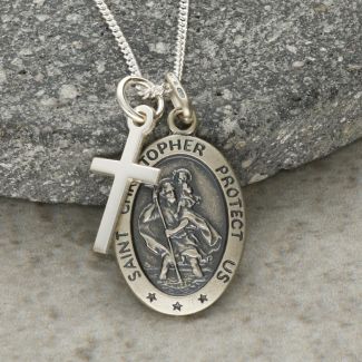 Antique Finish Sterling Silver Satin Oval St Christopher Pendant With Cross, Optional Engraving and Chain
