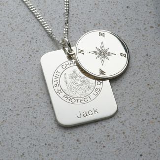 Sterling Silver Compass Concealed St. Christopher Personalised Travellers Prayer Pendant & Chain