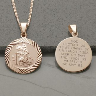 9ct Rose Gold Plated 20mm Diamond Cut St Christopher Pendant With Travellers Prayer and Optional Chain