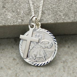 Sterling Silver Diamond Cut 19mm St Christopher Pendant With Cross, Optional Engraving and Chain