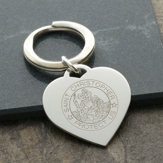 Sterling Silver Heart St Christopher Keychain With Optional Engraving