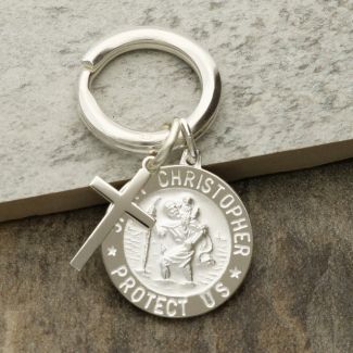 Sterling Silver 24mm 3D St Christopher Keychain With Cross And Optional Engraving