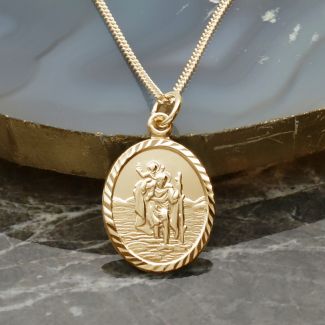 9ct Yellow Gold Diamond Cut Oval St Christopher Pendant With Optional Engraving and Chain