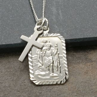 Sterling Silver Diamond Cut Rectangle St Christopher Pendant With Cross, Optional Engraving and Chain