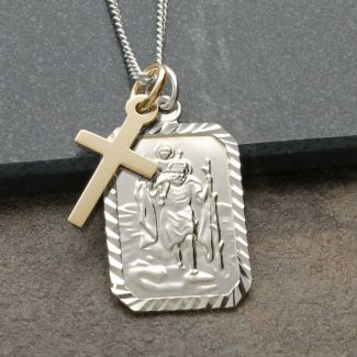 Sterling Silver Diamond Cut Rectangle St Christopher Pendant & Gold Plated Cross With Optional Engraving and Chain