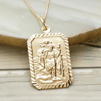 9ct Yellow Gold Plated Diamond Cut Large Rectangle St Christopher Pendant With Optional Engraving