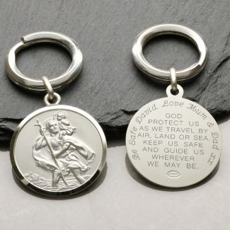 Sterling Silver 27mm St Christopher Keyring With Travellers Prayer and Optional Engraving