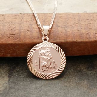 18k Rose Gold Plated 16mm Diamond Cut St Christopher Pendant With Optional Personalization and Chain