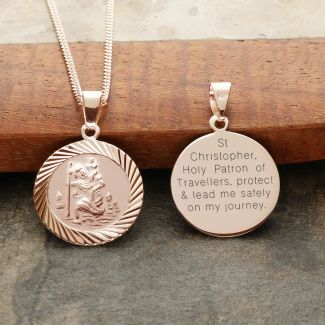 18k Rose Gold Plated 16mm Diamond Cut St Christopher Pendant With Travelers Prayer and Optional Chain