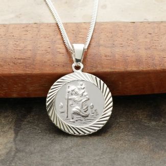 Sterling Silver 16mm Diamond Cut St Christopher Pendant With Optional Personalization and Chain