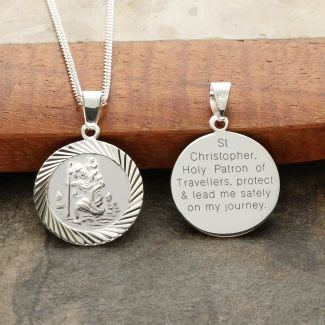 Sterling Silver 16mm Diamond Cut St Christopher Pendant With Travelers Prayer and Optional Chain