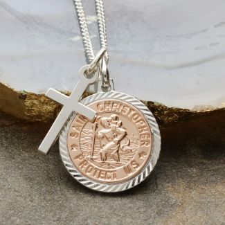 Sterling Silver & Rose Gold Plated 18mm Diamond Cut St Christopher Pendant With Cross, Optional Engraving and Chain