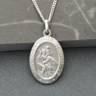 Sterling Silver Satin Oval St Christopher Pendant With Optional Engraving and Chain
