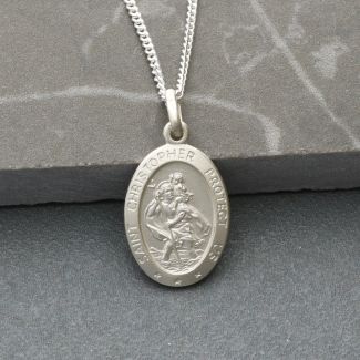 Sterling Silver Small Satin Oval St Christopher Pendant