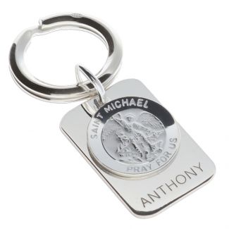 Sterling Silver Personalised Rectangle St Michael Keyring With Prayer