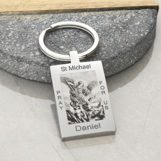 Mirror Polished Personalized Rectangle St Michael Keychain With Optional Engraving