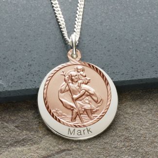18k Rose Gold Plated & Silver Personalized St Christopher With Concealed Travelers Prayer