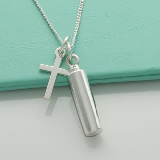 Sterling Silver Small Cylindrical Urn Cremation Ashes Pendant and Cross With Optional Engraving & Chain