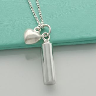 Sterling Silver Small Cylindrical Urn Cremation Ashes Pendant and Heart Charm With Optional Engraving & Chain